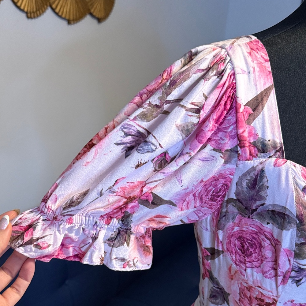 Ivy City Co. Pink Floral Print Sweetheart Square Neck Puff Sleeve Dress Medium - Picture 4 of 12